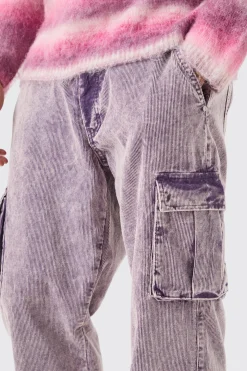 Relaxed Acid Wash Cord Cargo Trouser | BoohooMAN UK