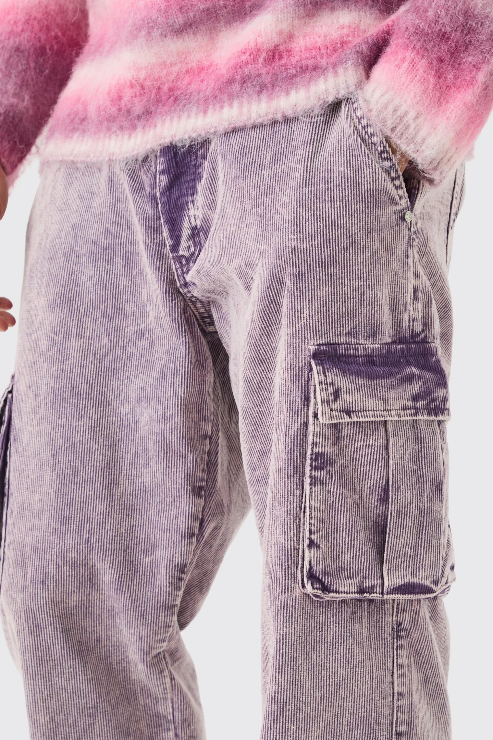 Relaxed Acid Wash Cord Cargo Trouser | BoohooMAN UK
