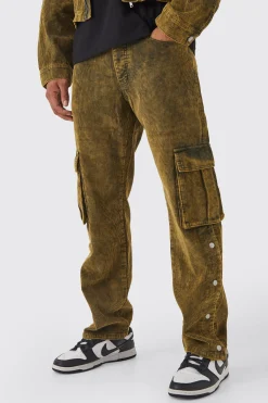 Relaxed Acid Wash Corduroy Cargo Popper Hem Trouser | BoohooMAN UK