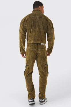 Relaxed Acid Wash Corduroy Cargo Popper Hem Trouser | BoohooMAN UK