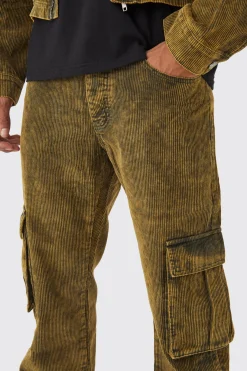 Relaxed Acid Wash Corduroy Cargo Popper Hem Trouser | BoohooMAN UK