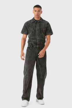 Relaxed Acid Wash Corduroy Boilersuit In Black | BoohooMAN UK