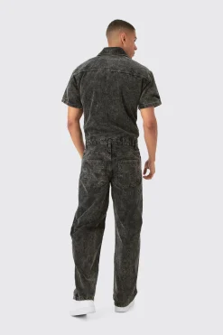 Relaxed Acid Wash Corduroy Boilersuit In Black | BoohooMAN UK