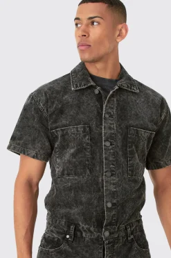 Relaxed Acid Wash Corduroy Boilersuit In Black | BoohooMAN UK