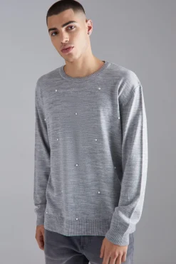 Relaxed All Over Pearl Embellished Knit Jumper | BoohooMAN UK