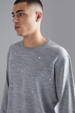 Relaxed All Over Pearl Embellished Knit Jumper | BoohooMAN UK