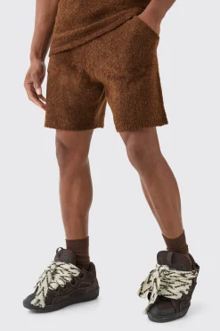 Relaxed Boucle Knit Short In Chocolate | BoohooMAN UK