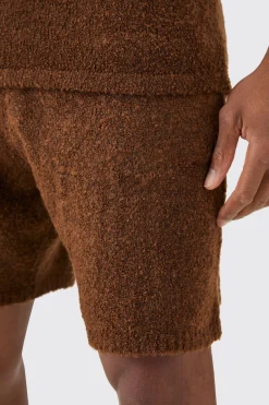 Relaxed Boucle Knit Short In Chocolate | BoohooMAN UK