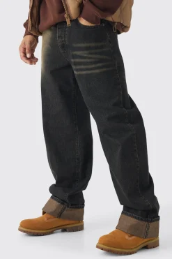 Relaxed Brown Spray Wash Turn Up Hem Jeans | BoohooMAN UK