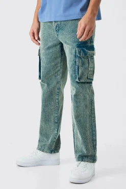 Relaxed Cargo Acid Wash Cord Trouser In Navy | BoohooMAN UK