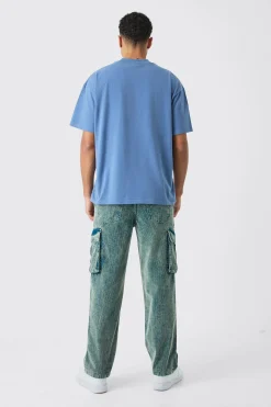 Relaxed Cargo Acid Wash Cord Trouser In Navy | BoohooMAN UK
