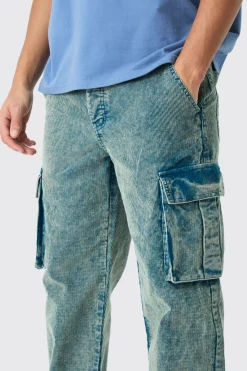 Relaxed Cargo Acid Wash Cord Trouser In Navy | BoohooMAN UK