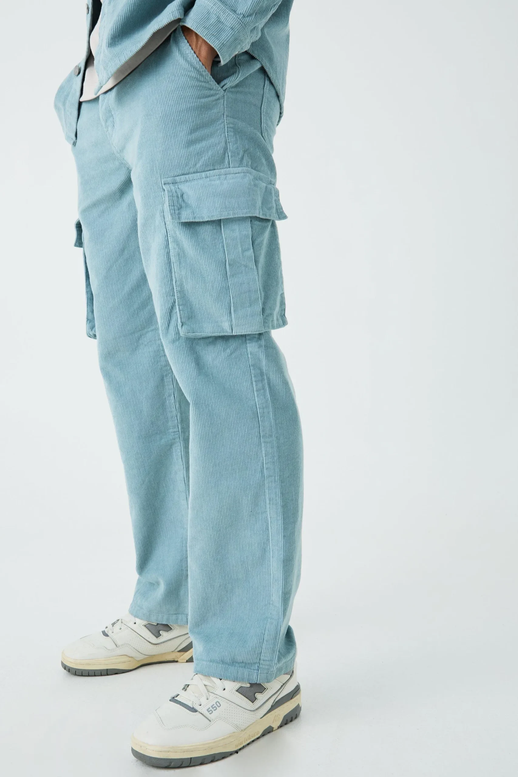 Relaxed Cargo Cord Trouser In Slate | BoohooMAN UK