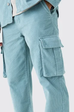 Relaxed Cargo Cord Trouser In Slate | BoohooMAN UK