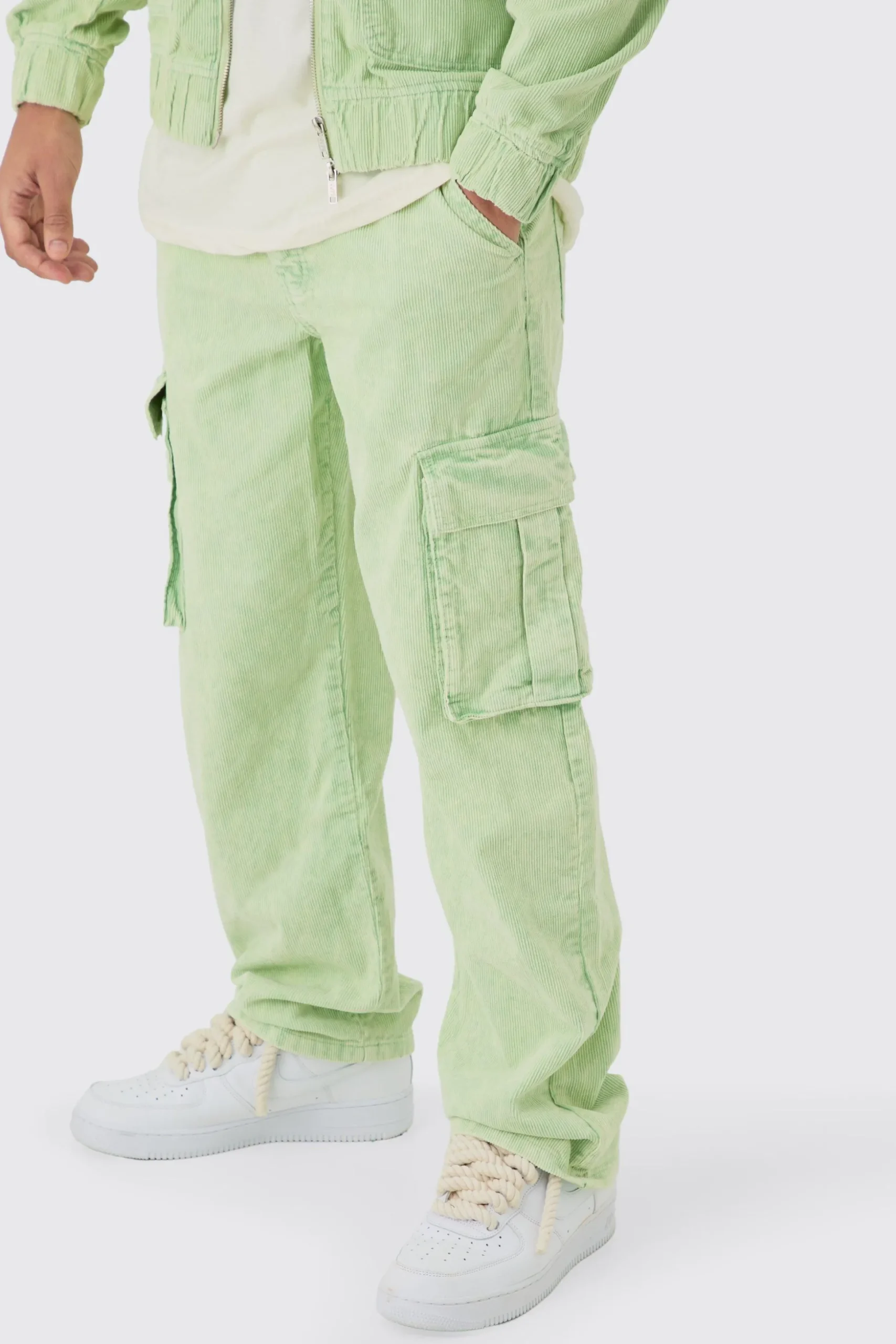 Relaxed Cargo Cord Trouser In Sage | BoohooMAN UK