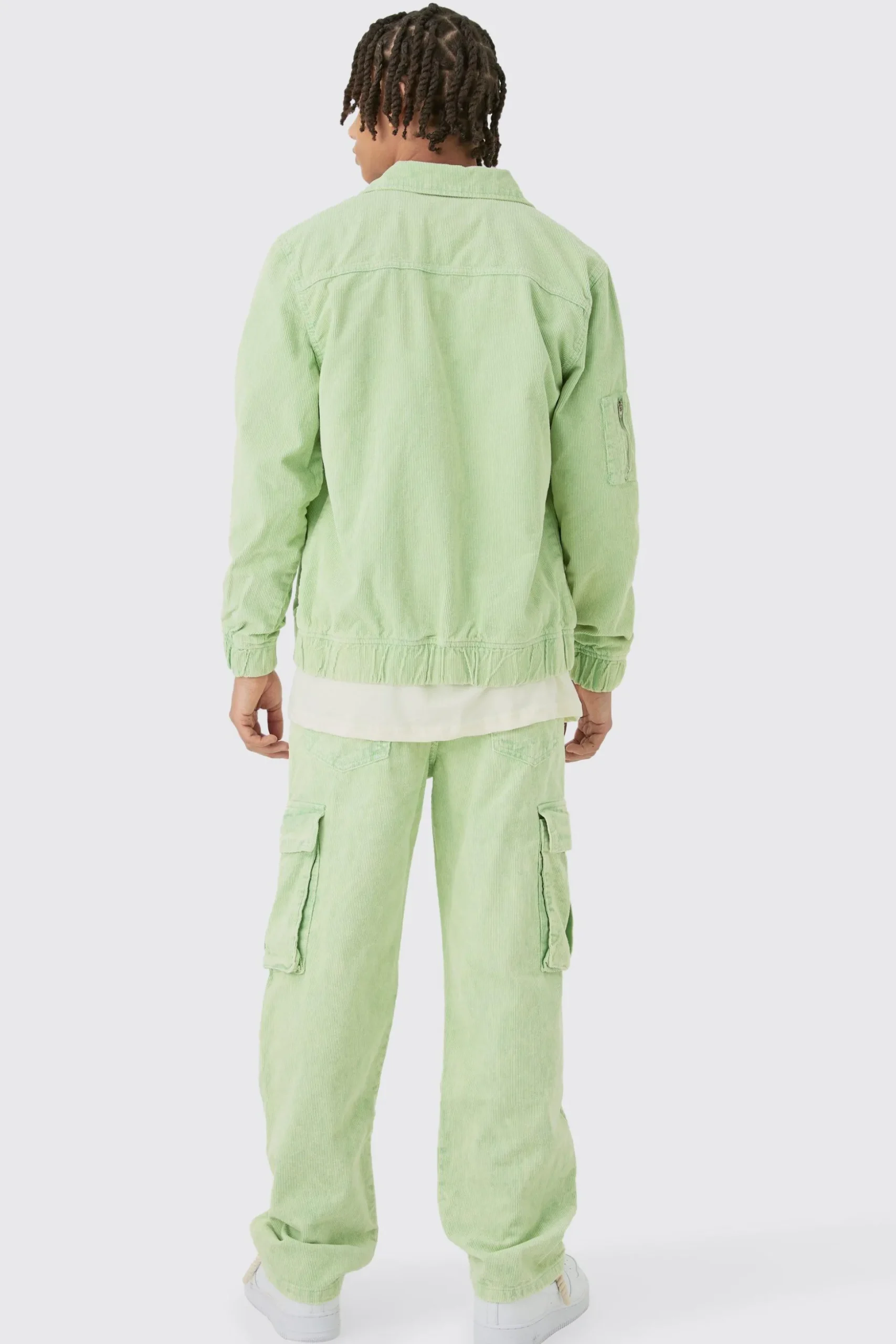 Relaxed Cargo Cord Trouser In Sage | BoohooMAN UK