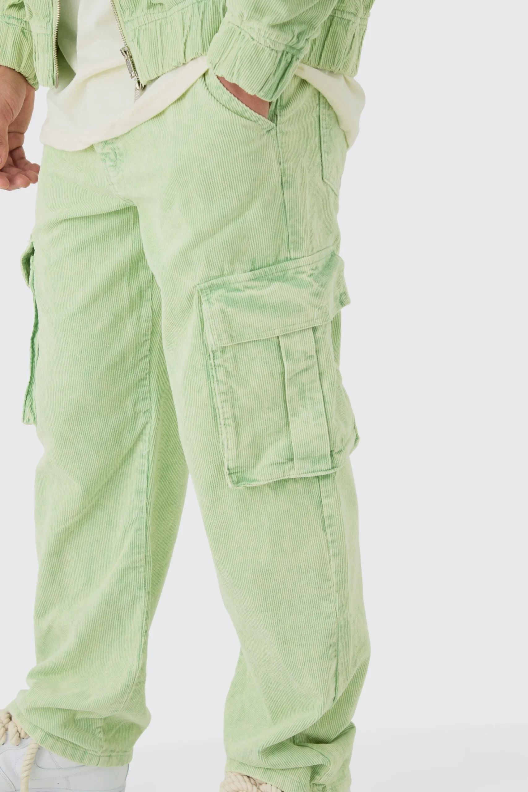 Relaxed Cargo Cord Trouser In Sage | BoohooMAN UK