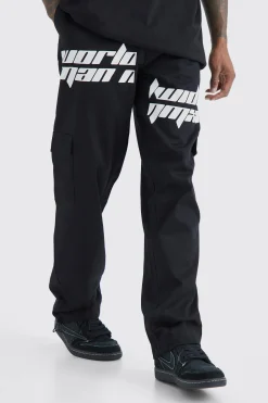Relaxed Cargo Spliced Text Print Trouser | BoohooMAN UK