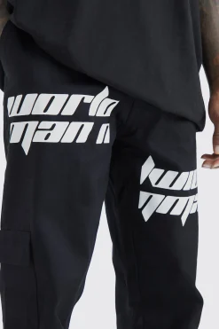 Relaxed Cargo Spliced Text Print Trouser | BoohooMAN UK
