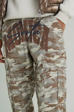 Relaxed Cargo Varsity Slogan Print Camo Trouser | BoohooMAN UK