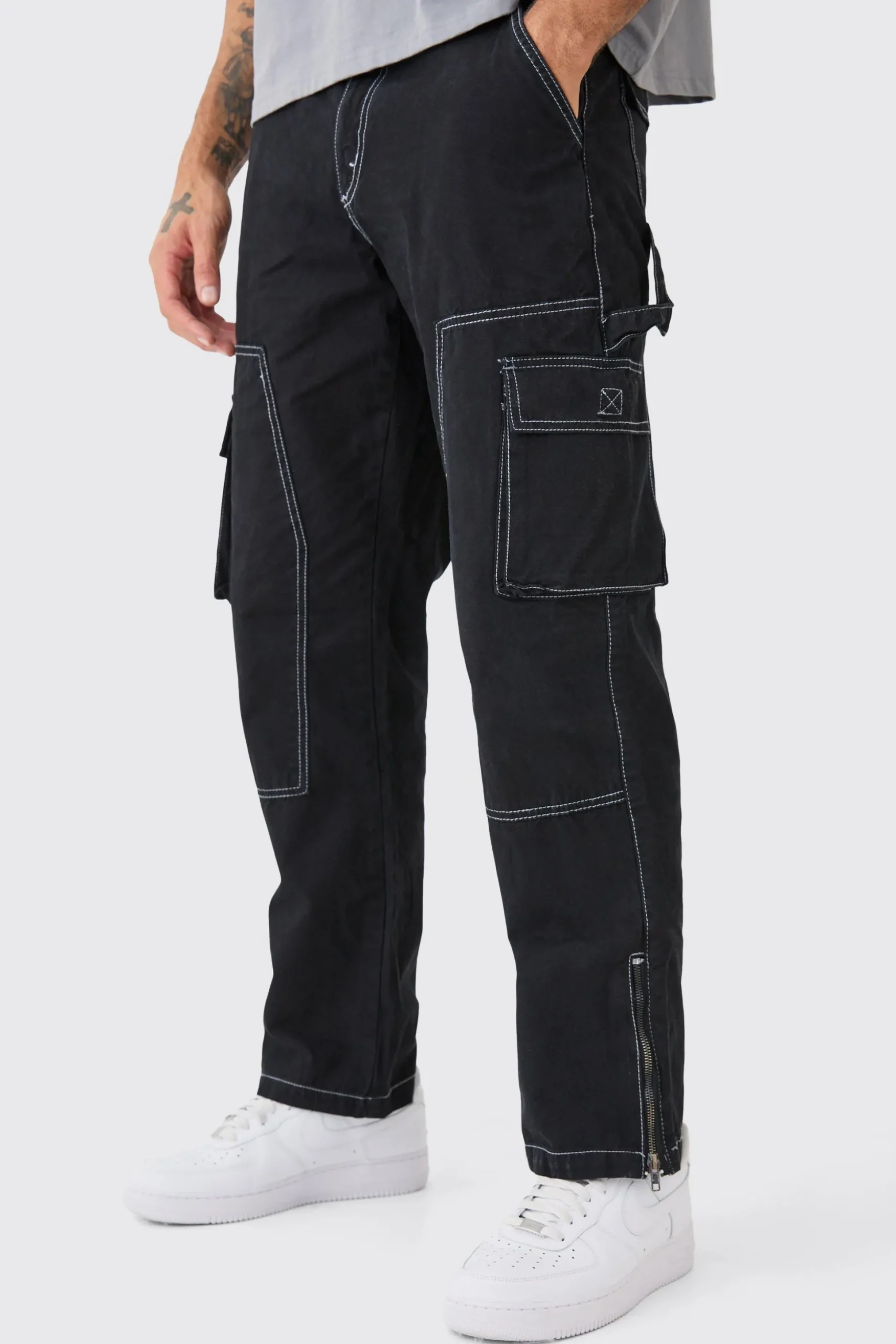 Relaxed Carpenter Zip Hem Contrast Stitch Trouser | BoohooMAN UK