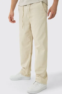 Relaxed Chinos With Drawcords In Stone | BoohooMAN UK