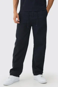 Relaxed Chinos With Drawcords In Black | BoohooMAN UK
