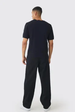 Relaxed Chinos With Drawcords In Black | BoohooMAN UK
