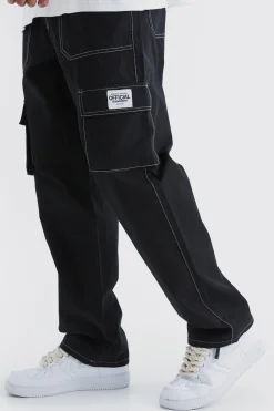 Relaxed Contrast Stitch Cargo Trouser With Woven Tab | BoohooMAN UK