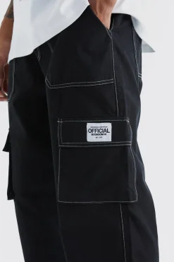 Relaxed Contrast Stitch Cargo Trouser With Woven Tab | BoohooMAN UK