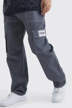 Relaxed Contrast Stitch Cargo Trouser With Woven Tab | BoohooMAN UK