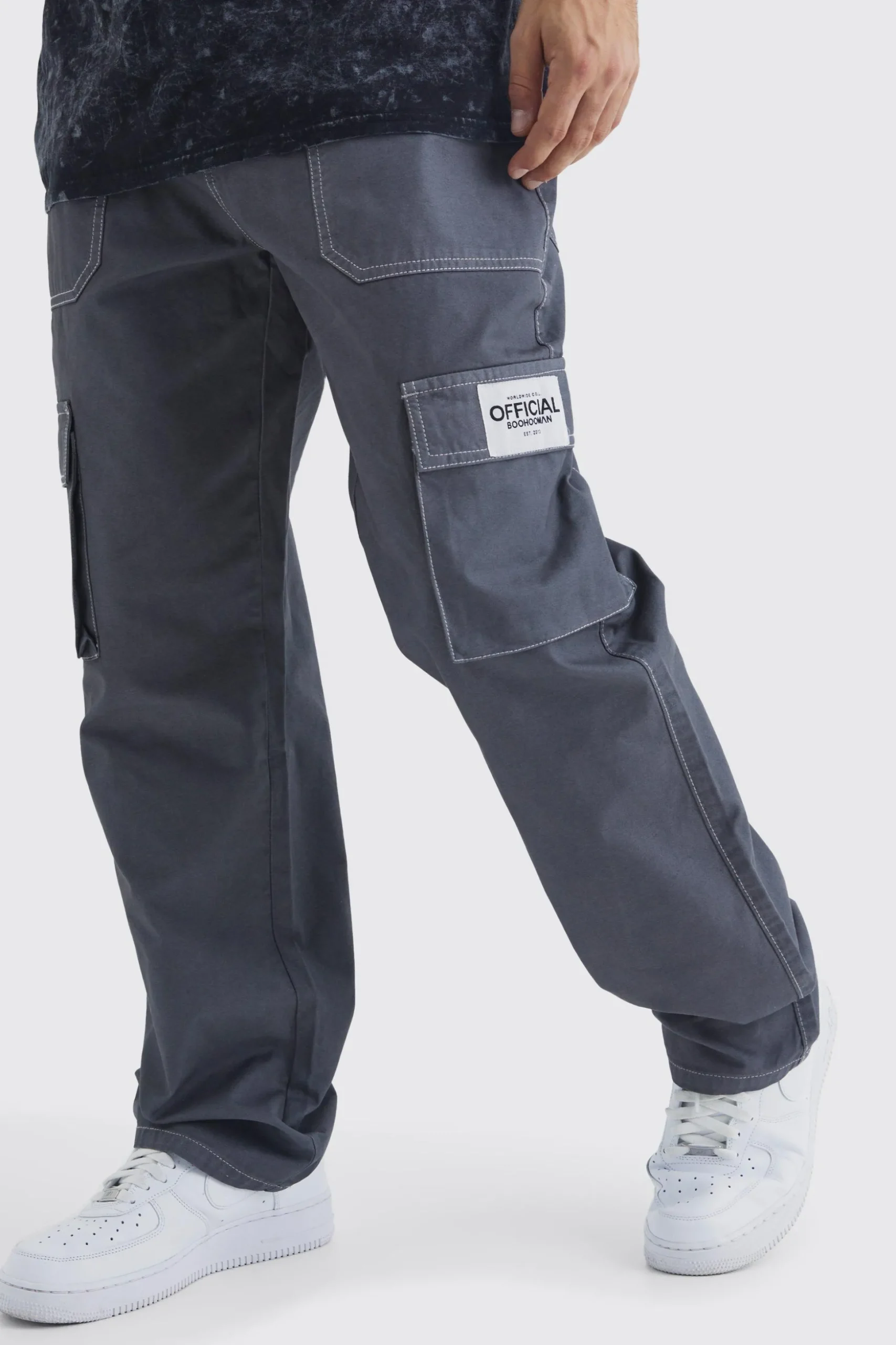 Relaxed Contrast Stitch Cargo Trouser With Woven Tab | BoohooMAN UK