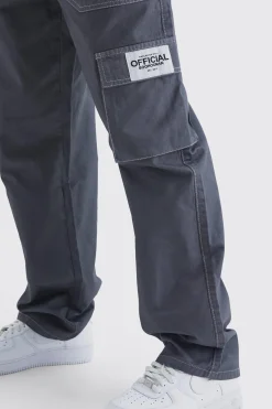 Relaxed Contrast Stitch Cargo Trouser With Woven Tab | BoohooMAN UK