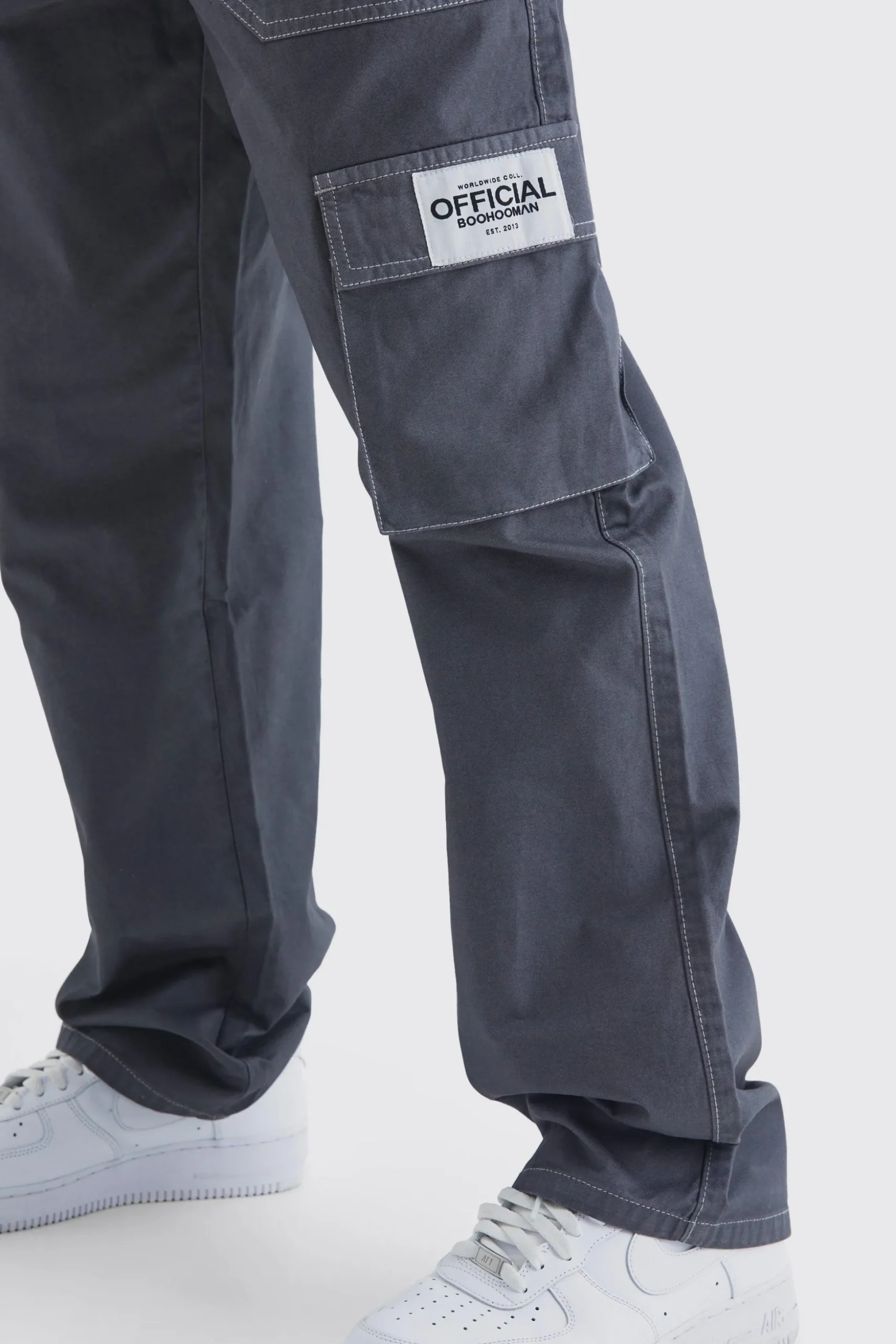 Relaxed Contrast Stitch Cargo Trouser With Woven Tab | BoohooMAN UK