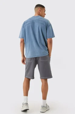 Relaxed Contrast Stitch Long Length Shorts | BoohooMAN UK