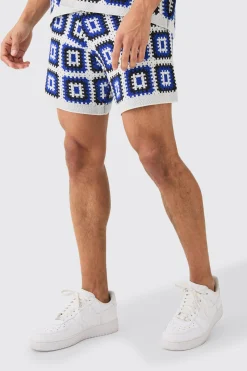 Relaxed Crochet Knit Short In White | BoohooMAN UK