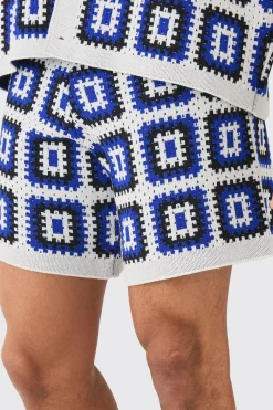 Relaxed Crochet Knit Short In White | BoohooMAN UK