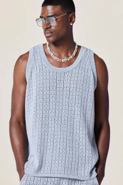 Relaxed Crochet Knitted Vest In Grey | BoohooMAN UK