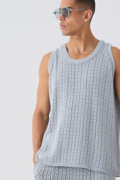 Relaxed Crochet Knitted Vest In Grey | BoohooMAN UK