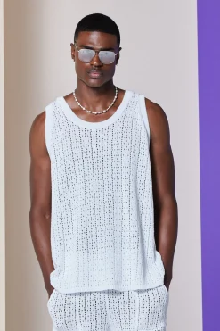 Relaxed Crochet Knitted Vest In White | BoohooMAN UK