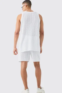 Relaxed Crochet Knitted Vest In White | BoohooMAN UK