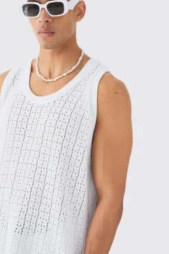 Relaxed Crochet Knitted Vest In White | BoohooMAN UK