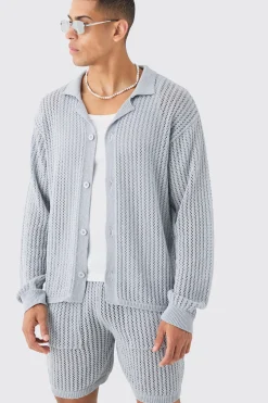 Relaxed Crochet Open Knit Long Sleeve Shirt In Grey | BoohooMAN UK