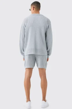 Relaxed Crochet Open Knit Long Sleeve Shirt In Grey | BoohooMAN UK