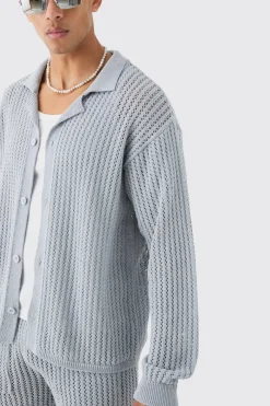 Relaxed Crochet Open Knit Long Sleeve Shirt In Grey | BoohooMAN UK