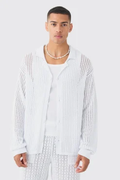 Relaxed Crochet Open Knit Long Sleeve Shirt In White | BoohooMAN UK