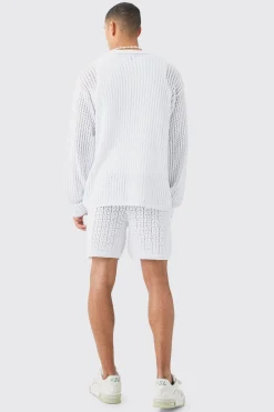Relaxed Crochet Open Knit Long Sleeve Shirt In White | BoohooMAN UK