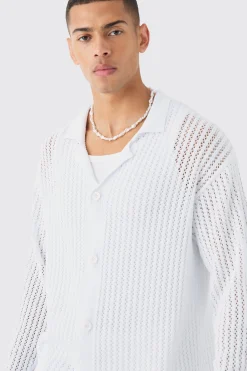 Relaxed Crochet Open Knit Long Sleeve Shirt In White | BoohooMAN UK
