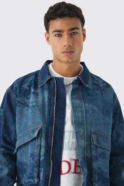 Relaxed Cropped Renaissance Laser Print Denim Jacket | BoohooMAN UK