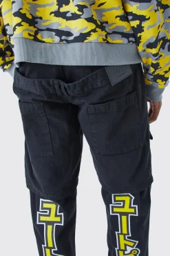 Relaxed Crotch And Leg Print Cargo Trouser | BoohooMAN UK